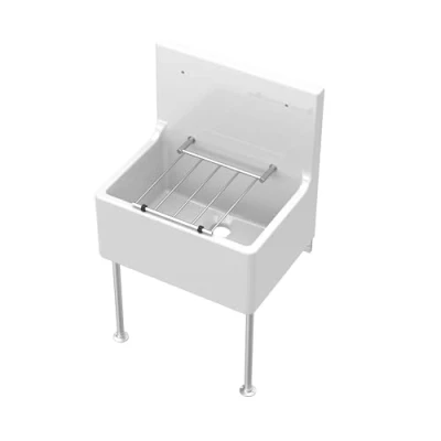Image of Single Bowl Fireclay Cleaner Sink with Grill &amp; Legs, 515mm x 535mm 393mm White/Chrome Balterley