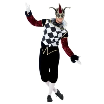 Image of Smiffys Gothic Venetian Harlequin Costume, Black with Top, Trousers &amp; Collar, Halloween Carnival of The Damn Fancy Dress, Adult Dress Up Costumes
