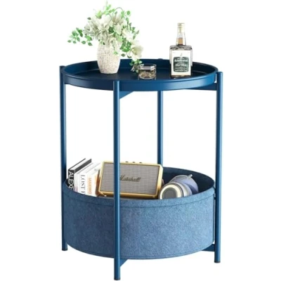 Image of Huhote Side Table, Round End Table with Fabric Basket, Small Bedside Nightstand Sofa for Living Room, Bedroom, Bathroom, Balcony, Modern Style (Blue)