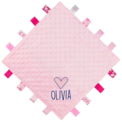 Image of TeddyTs Personalised Heart Pink Baby Taggy Blanket Comforter, One size