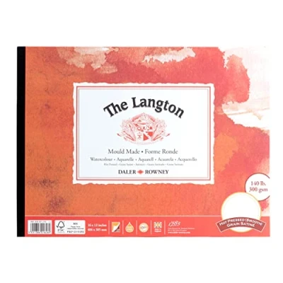 Image of Daler Rowney The Langton Hot Pressed 300gsm 16 x12in Watercolour Paper Pad, Glued 1 Side, 12 Natural White Sheets, Ideal for Professional Artists &amp; Students