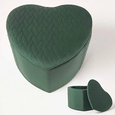 Image of HOMESCAPES Emerald Green Velvet Footstool with Storage Pouffe Heart Shaped Modern On Trend Quilted Vanity Stool Lid Multifunctional Upholstered &#039;Arundel&#039; Footrest Ottoman Seat, 33 cm Tall