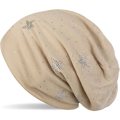 Image of styleBREAKER Beanie hat with Rhinestone Stars and All Over Rhinestones, Slouch Long Beanie, Women 04024116, Colour:Beige