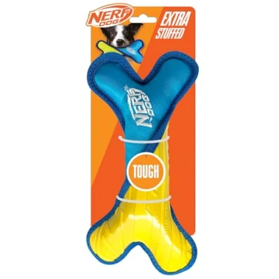 Image of Nerf Dog Tuff TPR Plush Bone with Nylon, 11 Inch Durable Chew Toy for Dogs, Light Blue/Yellow