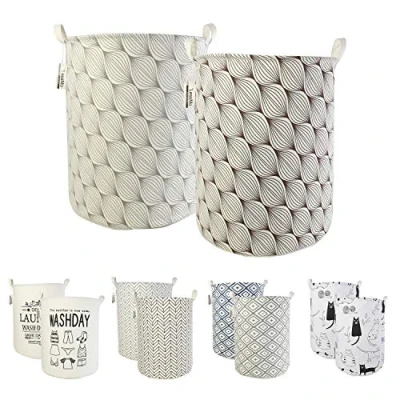 Image of LessMo 2Pcs 17.7&quot; Laundry Hamper, Collapsible Storage Basket With Easy Carry Handles, Waterproof Round Cotton Linen, for Baby Products, Toys, Bedroom Hamper