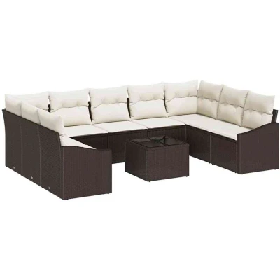 Image of vidaXL 10 Piece Garden Dining Set with Cushions in Brown Poly Rattan