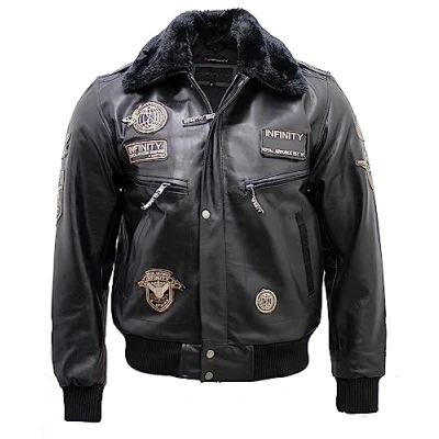 Image of Infinity Men&#039;s Black Cow Hide Leather Flight Bomber Jacket M