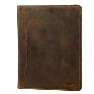 Image of STILORD &#039;Scott&#039; Vintage Leather Document Folder 12.2 Inch Writing Portfolio Premium A4 Conference Briefcase with Zipper for Business and Office, Colour:Middle Brown
