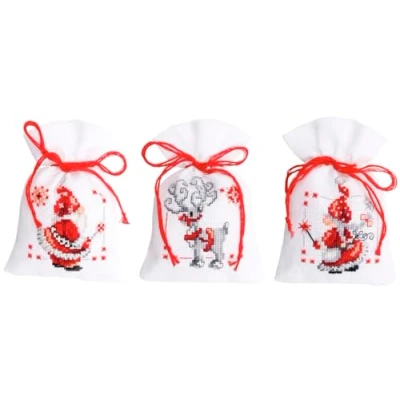 Image of Vervaco Counted Cross Stitch Kit: Pot Pourri Bag: Christmas Elves: Set of 3, Acrylic, NA, 8 x 12cm