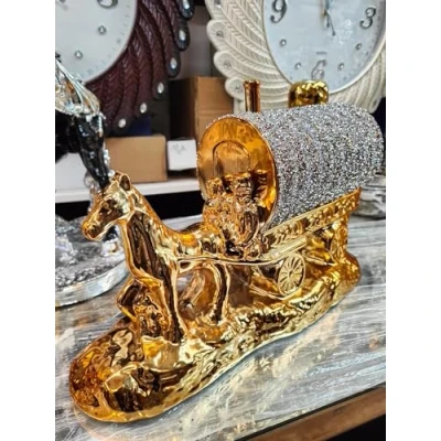 Image of Biznest Gold And Silver Horse With Round Wagon Gypsy Crushed Diamond Carriage Ornament Shelf Sitter Caravan