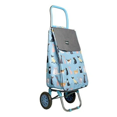 Image of Sabichi Crazy Cats Blue 2 Wheel Shopping Trolley Thermal Insulation Liner and Hanger Folding 40ltr Capacity 94 x 33 22cm