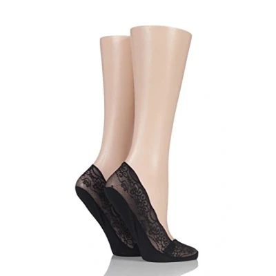 Image of 2 Pair Black Lace Shoe Liner Socks with Grip Ladies 4 8 Elle