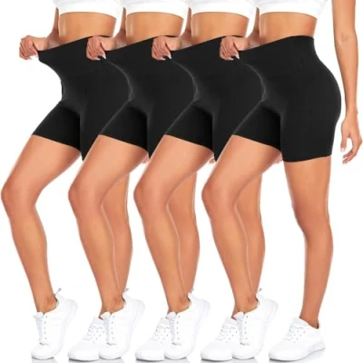 Image of MOREFEEL Pack of 4 Women&#039;s Cycling Shorts Sports Opaque High Waist Summer for Yoga Fitness, Black/Black/Black/Black, S/M