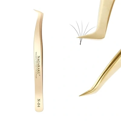 Image of NAGARAKU Tweezers for Eyelash Extension Gold Curved Volume Cluster Eyelashes Easy Fanning Premade Fans Stainless Steel Precision Light（N 04）