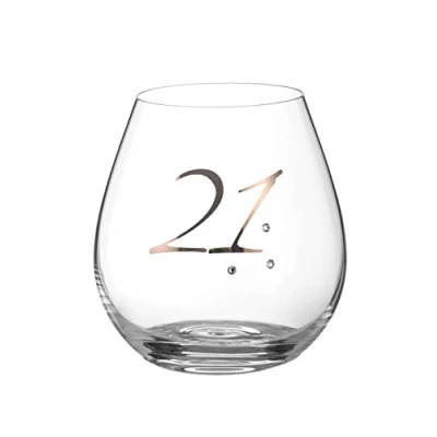 Image of DIAMANTE Swarovski 21st Birthday Stemless Wine Gin Glass Single Crystal with Platinum 21 Embossed and Crystals Gift Boxed