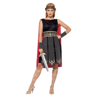 Image of Smiffys Roman Warrior Costume, Black with Dress, Attached Cape, Arm Cuffs &amp; Headband, Legends Myths Fancy Adult Dress Up Costumes