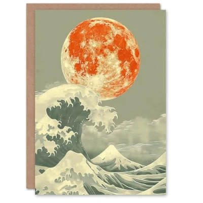 Image of Artery8 Bright Orange Moon Over Ocean Waves Japanese Edo Greeting Birthday Card Him Her All Blank