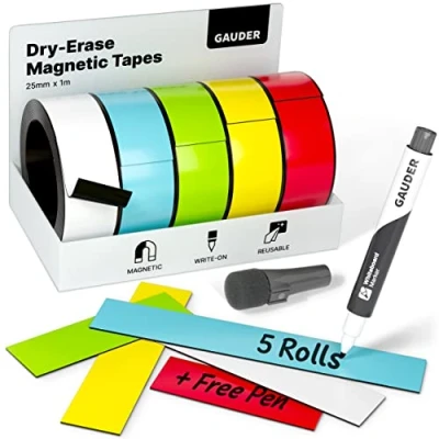 Image of GAUDER 5 x Dry Erase Magnetic Tape Strips Labels (25 mm 1 m)