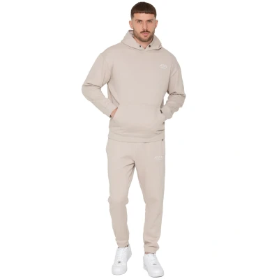 Image of 989Zé ENZO Mens Tracksuit Long Sleeve Pullover Overhead Hoodie and Casual Cotton Fleece Joggers Pants Set (UK, Alpha, S, Regular, Oatmeal)