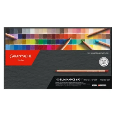 Image of Caran d&#039;Ache Luminance 6901 Box of 100 Individual Coloured, Artists, Colour Coded Pencils &amp; 1 Full Pencil Blender