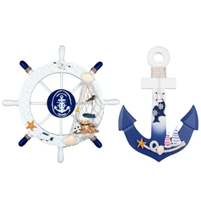 Image of 2 Pack 28 CM Nautical Wooden Ship Wheel and Wood Anchor with Rope Beach Boat Steering Rudder Wall Decor Door Hanging Ornament Theme Home Decoration(Blue&amp;White)