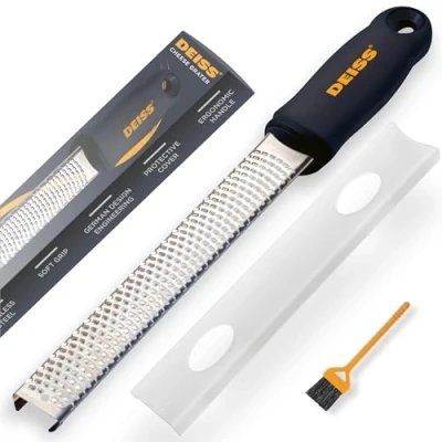 Image of Deiss PRO Citrus Zester &amp; Cheese Grater — Parmesan Lemon, Ginger, Garlic, Nutmeg, Chocolate, Vegetables, Fruits Razor Sharp Stainless Steel Blade, Wide, Dishwasher Safe Black