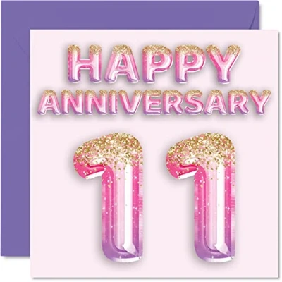 Image of Pretty Steel Anniversary Card for Wife Girlfriend Husband Boyfriend Pink Purple Glitter Balloons Happy 11th Cards from Family, 145mm x Greeting Eleventh Anniversaries