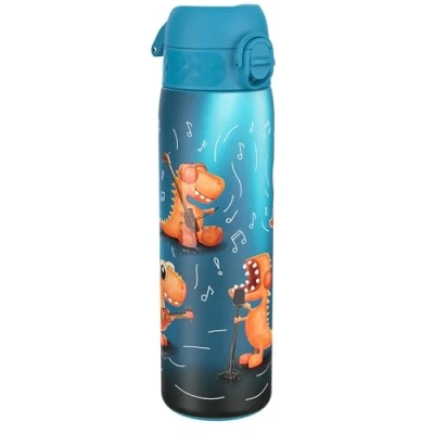 Image of Ion8 Steel Water Bottle, 600 ml/20 oz, Leak Proof, Easy to Open, Secure Lock, Dishwasher Safe, Flip Cover, Fits Cup Holders, Carry Handle, Durable, Metal Raised Print, Dinosaur Design
