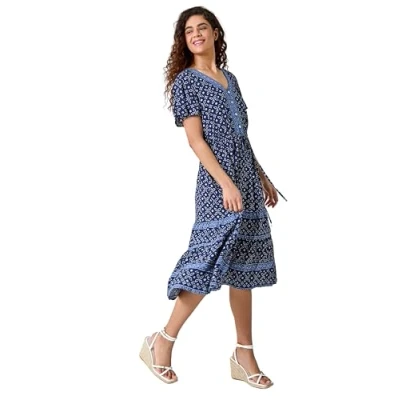 Image of Roman Originals Shirred Waist Dress for Women UK Ladies Midi Maxi Summer Spring Tiered Frill Hem Short Sleeve V Neck Button Through Boho Bohemian Gypsy Holiday Petite Navy Blue Size 12