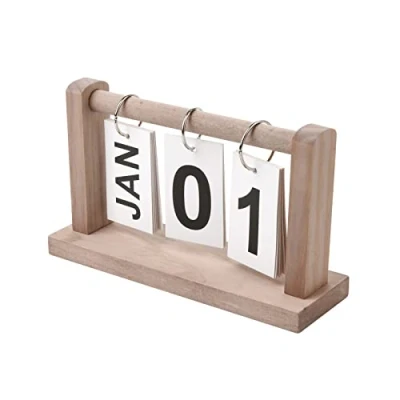 Image of Wooden Perpetual Desk Calendar,Vintage Flip Desktop Calender,Brown Calendar for Home Office Wedding Accessories (Brown)