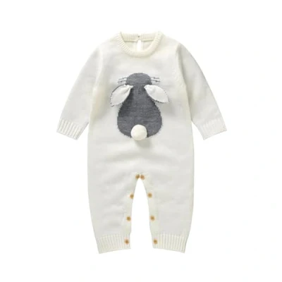 Image of Hadetoto Baby Easter Outfits Newborn Girl Boy Bunny Romper Jumpsuit Longsleeve Knitted Soft Cosy Warm Clothes (White, 12 18 Months)