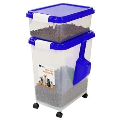Image of Taylor &amp; Brown 3 Piece Airtight Pet Food Storage Container With Plastic Measuring Scoop Treats For Dog Cat Animal Dry Dispenser Casters, Blue
