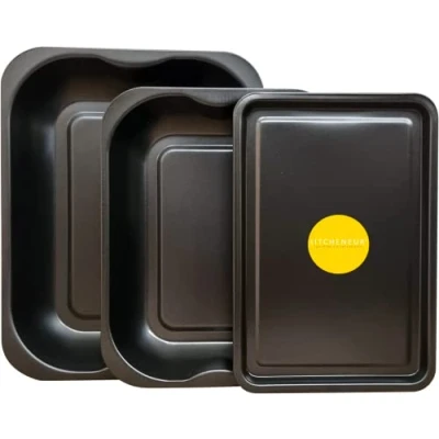 Image of 3 Pack Black Roasting and Baking Tray Set Large Roaster (38cm); Medium (33cm) &amp; Small (32cm) Tray/Pan, Non Stick, Multi Oven Trays Dishwasher Safe