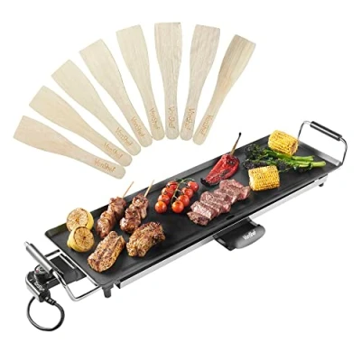 Image of VonShef Teppanyaki Grill XL Electric with Non Stick Plate, 2000W, Easy Clean, Adjustable Temperature Control, Oil Drip Tray &amp; 8 Spatulas for Meat, Vegetables Fish 70x23x10cm