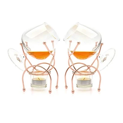 Image of Bar Amigos Set of 2 Brandy &amp; Cognac Snifter Warmer Glass Cooper Stand Gift with Tea Light Candle Copper Holder Premium Drinking