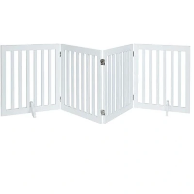 Image of unipaws Freestanding Dog Gate, Foldable Pet Fence, Indoor Wood Barrier, Assembly Free Stair Gate with 2PCS Support Feet (61cm H, 4 Panels, White)