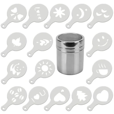 Image of 1Pcs Chocolate Shaker with 16 Piece Coffee Stencils Stainless Steel Mesh Powder for Lovers Decorating Cappuccino Cake Design Decoration Duster