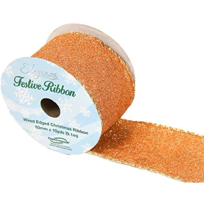 Image of Christmas Wire Edged Sparkly Glitter Rose Gold Satin Ribbon Roll 10yds x 63mm