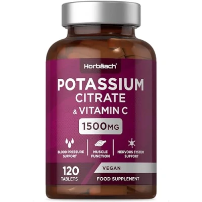 Image of Potassium Supplement 1500mg with Vitamin C High Strength Citrate Electrolyte Tablets 120 Count 100% Vegan by Horbaach