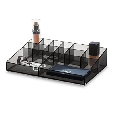 Image of iDesign 13 Compartment Makeup Organiser from the Signature Series by Sarah Tanno, RPET Cosmetics Storage Unit, Brush Holder, Smoke/Matte Black, 30.48/20.32/7.47