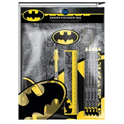 Image of DC Comics Batman Logo Bumper Stationery Set Pencils, Pen, Eraser, Sharpener, Ruler, Notebook, Pencil Case