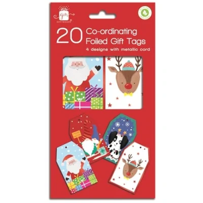 Image of Christmas Gift Tags Contemporary Cute Santa &amp; Reindeer Pack 20 Co Ordinating Foiled