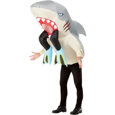 Image of Smiffys Inflatable Shark &amp; Diver Costume, Grey All In One with Self Inflating Fan, Funny Fancy Dress, Animal Dress Up Costumes