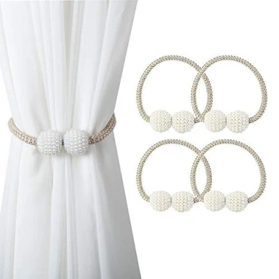 Image of Magnetic Curtain Tie Backs, Clips Rope Holder Buckles Small Bead Buckle Holders for Home Office Hotel Window Decoration (4 PACK, Beige)
