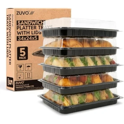 Image of Zuvo Reusable Party Food and Sandwich Platter Trays with Lids (Pack of 5), Buffet Serving Platters for Catering, Events, Parties Freezer Safe Plastic (34x24x5cm)