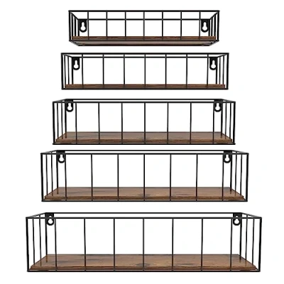 Image of HORLIMER Wooden Shelves for Wall Set of 5, Floating Mounted with Bars, Rustic Shelf Bedroom Kitchen Bathroom Living Room