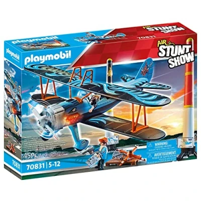 Image of Playmobil Air Stunt Show 70831 Phoenix Biplane, Toy Plane with Engine Sound Effects, Aeroplane for 5+ Year OIds