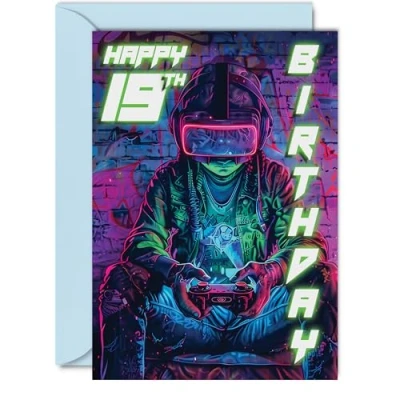 Image of 19th Birthday Cards for Men Women Video Game Gamer Happy 19 Card Son Daughter Brother Sister Friend, 5x7 Inch Nineteen Nineteenth Bday Greeting