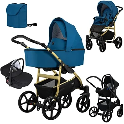 Image of Baby Pram Buggy Stroller for Toddler with Infant Car Seat Foldable Pushchair 3 in 1 Travel System from Birth (Blue)