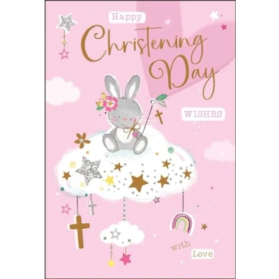 Image of Christening Congratulations Card For Girls Her Bunny Rabbit and Stars Special Finishes Made in the UK